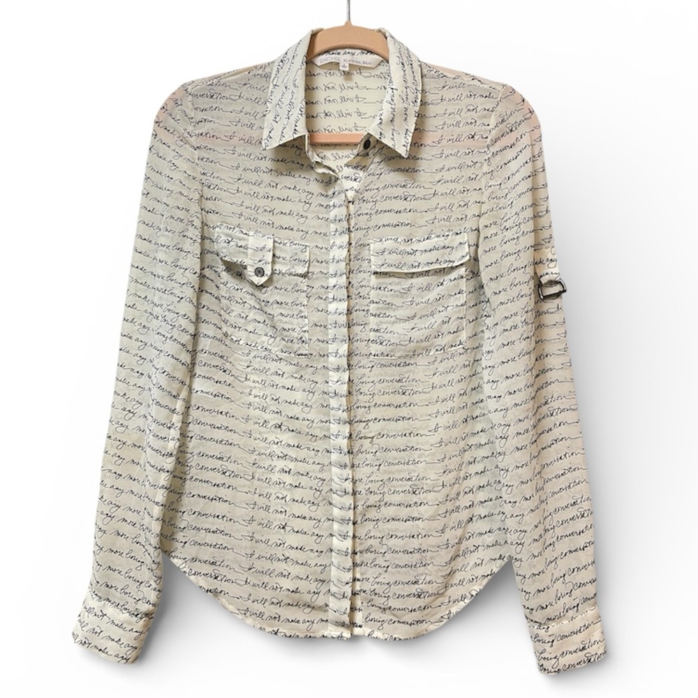 Y2K Rachel Roy button up sheer written print ivory size 4 Shirt black